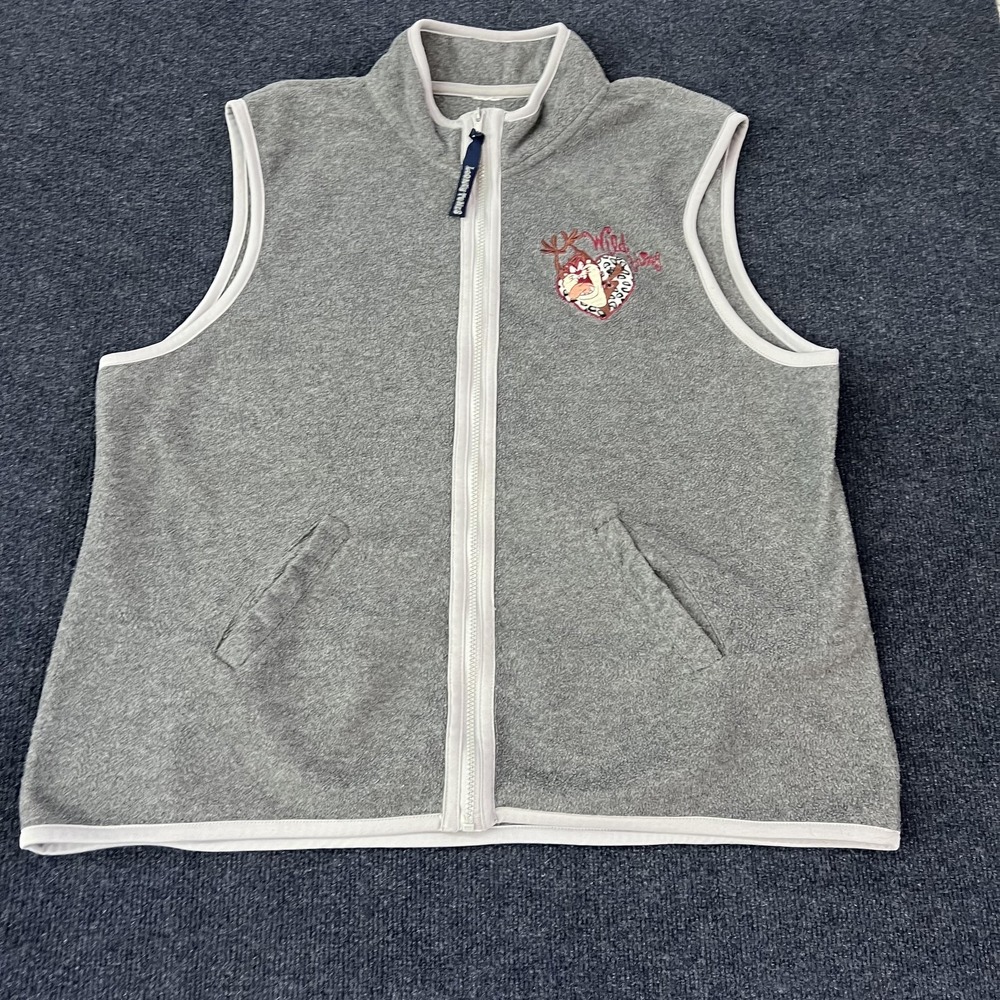 Looney Tunes‎ Taz Fleece Vest Womens Large Zip Up Wild Thing Embroidered Heart
